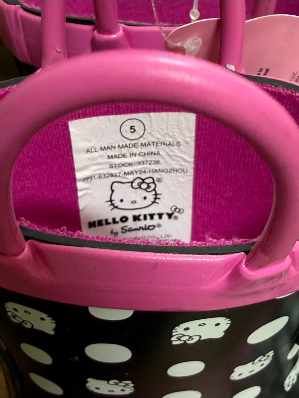 Hello Kitty Black, White & Pink Polka Dot Rain Boots. Size 5.